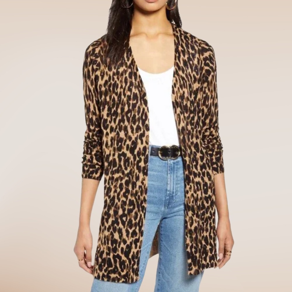 Halogen Leopard Print Linen Blend Cardigan / 
XXS Petite